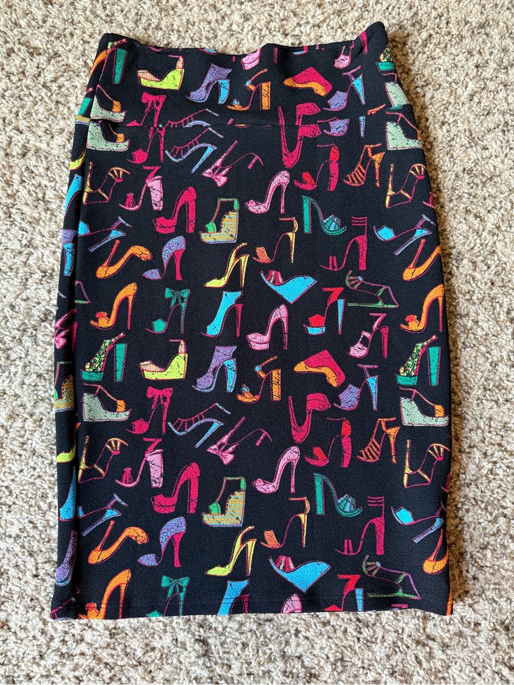 LuLaRoe Cassie Black Pencil Skirt with Multicolor Shoe Print